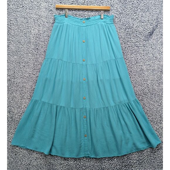 SO Tiered Button Up Maxi Skirt Size 18 Pull On Boho Fairy Grunge Hippie Blue - Picture 1 of 10